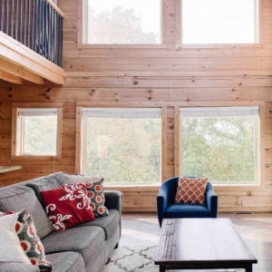 cabin living room with couch, armchair, and coffee table
